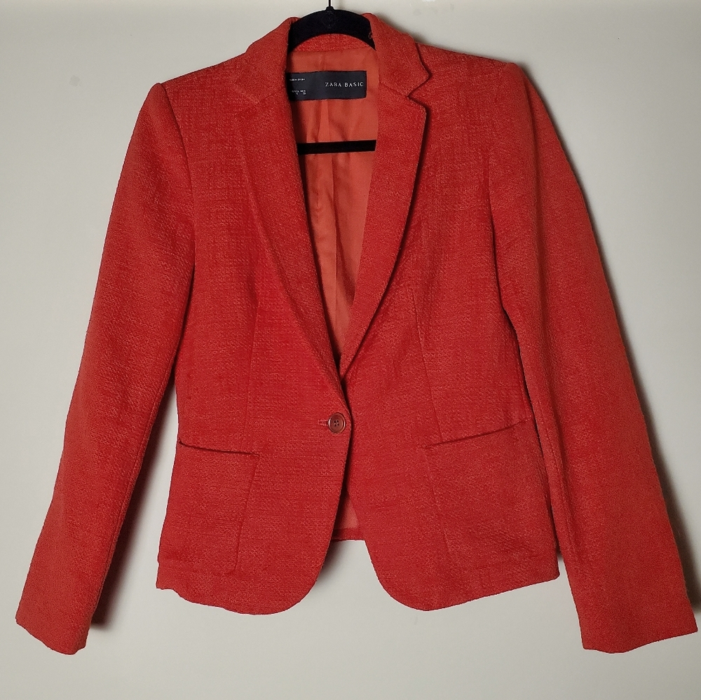 Zara Basics Red Textured Weave Blazer with Single Button Closure